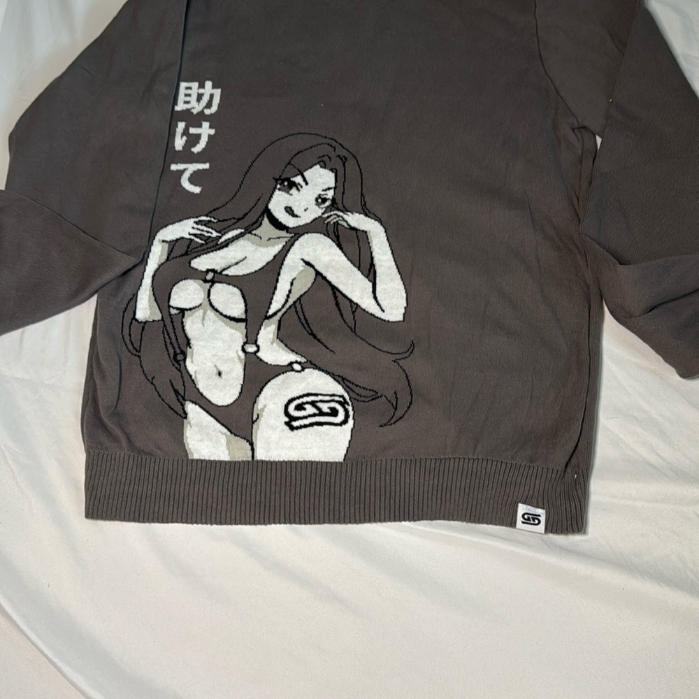 GamerSupps Waifu Cups Gray Graphic Sweater with Anime Design